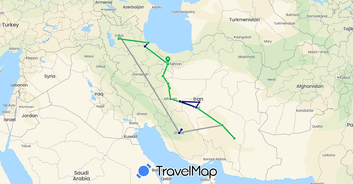 TravelMap itinerary: driving, bus, plane in Iran (Asia)